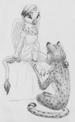 Size: 2660x4329 | Tagged: safe, artist:joestick, derpibooru import, oc, unofficial characters only, anthro, cheetah, gryphon, ankle bracelet, bed, female, furry, image, jpeg, male, monochrome, on bed, sitting on bed, traditional art, wings