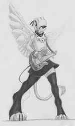 Size: 2728x4586 | Tagged: safe, artist:joestick, derpibooru import, oc, unofficial characters only, anthro, gryphon, clothes, electric guitar, female, guitar, image, jpeg, monochrome, musical instrument, socks, spread wings, stockings, thigh highs, traditional art, wings