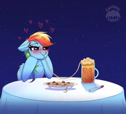 Size: 1280x1158 | Tagged: safe, artist:confetticakez, derpibooru import, rainbow dash, blushing, cider, date, food, heart, image, jpeg, pasta, spaghetti, that pony sure does love cider