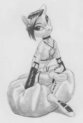 Size: 1886x2788 | Tagged: safe, artist:joestick, derpibooru import, oc, unofficial characters only, earth pony, clothes, collar, female, gloves, harness, image, jpeg, looking at you, monochrome, sitting, socks, stockings, tack, thigh highs, traditional art