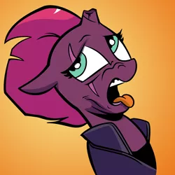 Size: 3000x3000 | Tagged: safe, artist:andypriceart, artist:shadowblazearts, derpibooru import, edit, idw, tempest shadow, pony, unicorn, broken horn, clothes, disgusted, female, gradient background, horn, image, png, solo, tongue out