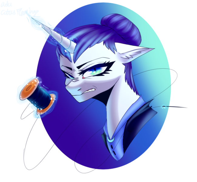 Size: 720x665 | Tagged: safe, derpibooru import, rarity, pony, unicorn, angry, cat eyes, clothes, female, glare, glowing horn, gradient background, gritted teeth, horn, image, magic, needle, nightmaid rarity, png, simple background, slit eyes, solo, telekinesis, thread, transparent background