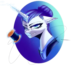 Size: 720x665 | Tagged: safe, derpibooru import, rarity, pony, unicorn, angry, cat eyes, clothes, female, glare, glowing horn, gradient background, gritted teeth, horn, image, magic, needle, nightmaid rarity, png, simple background, slit eyes, solo, telekinesis, thread, transparent background