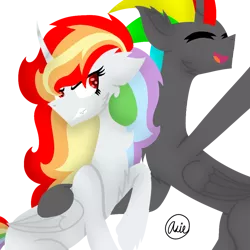 Size: 1000x1000 | Tagged: safe, artist:rainbow dash is best pony, derpibooru import, oc, oc:rainbowrio, oc:rainbowstorm, unofficial characters only, alicorn, pony, alicorn oc, annoyed, gritted teeth, happy, horn, image, open mouth, png, simple background, transparent background, wings