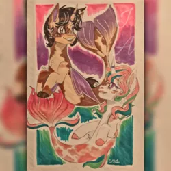 Size: 750x750 | Tagged: safe, artist:jdash15, derpibooru import, oc, unofficial characters only, alicorn, pony, seapony (g4), brown eyes, dorsal fin, fin wings, fins, fish tail, flowing tail, horn, image, jpeg, looking at each other, purple eyes, seaponified, signature, smiling, species swap, tail, teeth, underwater, wings