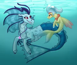 Size: 1024x865 | Tagged: safe, artist:tambelon, derpibooru import, princess skystar, sonata dusk, seapony (g4), siren, my little pony: the movie, bioluminescent, blue mane, crepuscular rays, dorsal fin, female, fins, fin wings, fish tail, flowing mane, flowing tail, freckles, glow, image, jewelry, jpeg, lesbian, looking at each other, necklace, ocean, open mouth, pearl necklace, purple eyes, shipping, signature, skynata, smiling, sunlight, swimming, tail, underwater, water, wings