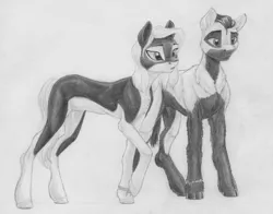 Size: 3995x3137 | Tagged: safe, artist:joestick, derpibooru import, oc, oc:arcalia, oc:kass, unofficial characters only, earth pony, pony, brother and sister, coat markings, female, image, jpeg, male, monochrome, pencil drawing, siblings, socks (coat marking), traditional art