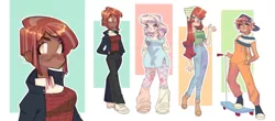 Size: 1280x565 | Tagged: safe, artist:galaxiedream, derpibooru import, apple bloom, babs seed, scootaloo, sweetie belle, human, alternate hairstyle, backwards ballcap, baseball cap, belt, blushing, boots, cap, clothes, converse, cutie mark crusaders, dark skin, ear piercing, earring, female, fishnets, freckles, glasses, grin, hat, humanized, image, jacket, jeans, jewelry, jpeg, leather jacket, leg warmers, older, older apple bloom, older babs seed, older cmc, older scootaloo, older sweetie belle, overalls, pants, piercing, scooter, shirt, shoes, smiling, sneakers, socks, stockings, thigh highs