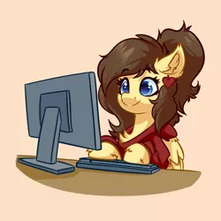 Size: 4000x4000 | Tagged: safe, artist:witchtaunter, derpibooru import, oc, oc:retro hearts, pegasus, pony, absurd resolution, chest fluff, clothes, computer, ear fluff, ear piercing, female, hoodie, image, keyboard, piercing, png, simple background, smiling, solo