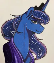 Size: 1099x1280 | Tagged: safe, artist:nightmare-moons-throneroom, edit, editor:edits of hate, editor:unofficial edits thread, princess luna, pony, constellation, cream background, ethereal mane, eyeshadow, female, image, jewelry, looking at you, makeup, mare, missing accessory, night, png, simple background, skin cancer removal, solo, starry mane, tiara, traditional art