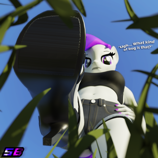 Size: 2160x2160 | Tagged: suggestive, artist:shadowboltsfm, derpibooru import, oc, oc:inkwell stylus, anthro, plantigrade anthro, 3d, blender, bra, breasts, clothes, crop top bra, dialogue, eyelashes, fetish, giant anthro, grass, high heels, high res, image, looking at you, looking down, looking down at you, low angle, macro, micro, nail polish, not sfm, offscreen character, png, pov, shoes, shorts, this will end in pain and/or death, underwear, worm's eye view