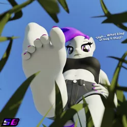 Size: 2160x2160 | Tagged: suggestive, artist:shadowboltsfm, derpibooru import, oc, oc:inkwell stylus, anthro, plantigrade anthro, 3d, barefoot, blender, bra, breasts, clothes, crop top bra, dialogue, eyelashes, feet, fetish, foot fetish, giant anthro, grass, high res, image, looking at you, looking down, looking down at you, low angle, macro, micro, nail polish, not sfm, offscreen character, png, pov, shorts, sole, this will end in pain and/or death, toes, underwear, worm's eye view