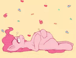 Size: 4000x3066 | Tagged: suggestive, artist:blopfry, derpibooru import, pinkie pie, earth pony, pony, belly, belly squish, bloated, female, food, hooves on belly, image, lying down, on back, png, solo, stuffed