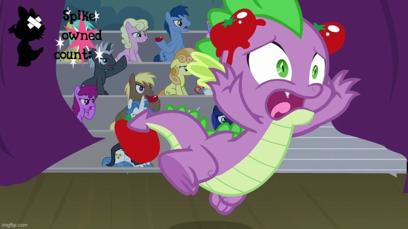 Size: 888x499 | Tagged: safe, derpibooru import, edit, edited screencap, screencap, berry punch, berryshine, blues, coco crusoe, dark moon, fancypants, fleur-de-lis, graphite, junebug, millie, noteworthy, princess luna, rainbow stars, rainbowshine, spike, sunshower raindrops, thunderlane, alicorn, dragon, pegasus, pony, unicorn, horse play, female, food, humiliation, image, imgflip, impatient, jpeg, male, solo focus, spike owned count, stage, tomato, tomatoes