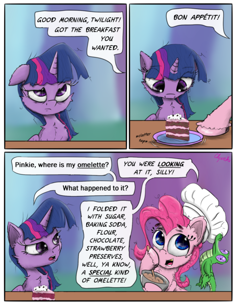 Size: 2100x2723 | Tagged: safe, artist:chopsticks, derpibooru import, gummy, pinkie pie, twilight sparkle, twilight sparkle (alicorn), alicorn, earth pony, pony, bowl, cake, cheek fluff, chef's hat, chest fluff, comic, cute, dialogue, diapinkes, female, food, hat, hoof hold, image, mixing bowl, morning ponies, pinkie being pinkie, png, text, twiabetes, unshorn fetlocks