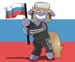 Size: 1451x1200 | Tagged: safe, artist:julie25609, derpibooru import, oc, oc:jagoda, unofficial characters only, earth pony, pony, adidas, bipedal, blonde, cyrillic, earth pony oc, flag, floppy ears, grin, hat, holding a flag, image, male, png, russia, russian, russian flag, sharp teeth, slav, slavic, smiling, solo, stallion, standing, teeth, tracksuit, ushanka