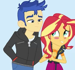 Size: 556x521 | Tagged: safe, artist:harmonyguard, derpibooru import, flash sentry, sunset shimmer, equestria girls, blush sticker, blushing, female, flashimmer, grin, image, looking at each other, male, png, shipping, smiling, smiling at each other, straight