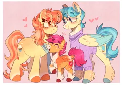 Size: 1468x1024 | Tagged: safe, artist:wanderingpegasus, derpibooru import, aunt holiday, auntie lofty, scootaloo, earth pony, pegasus, pony, aunt and niece, blaze (coat marking), blushing, cheek fluff, chest fluff, clothes, coat markings, colored wings, ear fluff, facial markings, female, filly, freckles, happy, heart, hoof fluff, image, lesbian, looking at each other, mare, multicolored wings, open mouth, pale belly, png, raised hoof, scarf, smiling, socks (coat marking), sweater, unshorn fetlocks, wings