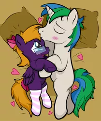 Size: 1920x2294 | Tagged: safe, artist:alexdti, derpibooru import, oc, oc:ale, oc:marco, unofficial characters only, pegasus, pony, unicorn, blushing, bow, clothes, eyes closed, female, floating heart, glasses, hair bow, heart, high res, image, kissing, male, mare, open mouth, open smile, png, shipping, size difference, smiling, socks, stallion, striped socks