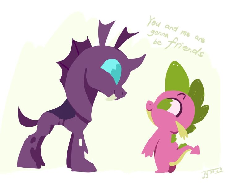 Size: 990x792 | Tagged: safe, artist:drtuo4, derpibooru import, spike, thorax, changeling, dragon, the times they are a changeling, cute, duo, duo male, image, jpeg, looking at each other, male, profile, smiling, smiling at each other