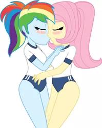 Size: 1200x1510 | Tagged: suggestive, artist:wolf, derpibooru import, edit, fluttershy, rainbow dash, equestria girls, base used, buruma, female, flutterdash, image, lesbian, png, reupload, shipping