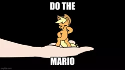 Size: 666x375 | Tagged: safe, artist:doublewbrothers, derpibooru import, edit, applejack, earth pony, human, pony, bipedal, black background, dancing, do the mario, eyes closed, female, hand, image, jpeg, mare, micro, offscreen character, simple background, solo focus, song reference, super mario bros., super mario bros. super show