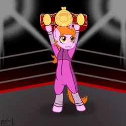 Size: 1000x1000 | Tagged: safe, artist:phallen1, derpibooru import, oc, oc:maya northwind, pony, semi-anthro, unicorn, atg 2021, bipedal, championship belt, clothes, female, image, jpeg, jumpsuit, newbie artist training grounds, ponified oc, solo, standing, teeth, title belt, wrestler, wrestling ring