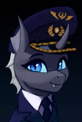 Size: 1000x1493 | Tagged: safe, artist:mrscroup, derpibooru import, oc, unofficial characters only, changeling, equestria at war mod, bust, changeling oc, clothes, female, hat, horn, image, jpeg, military uniform, necktie, portrait, suit, uniform