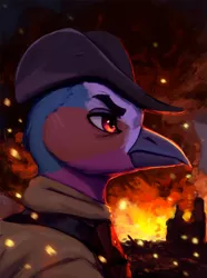 Size: 1500x2020 | Tagged: safe, artist:mrscroup, derpibooru import, oc, unofficial characters only, gryphon, equestria at war mod, ash, beak, bust, clothes, coat, cowboy hat, embers, fire, griffon oc, hat, image, jpeg, male, military uniform, portrait, rubble, ruin, ruins, smoke, uniform