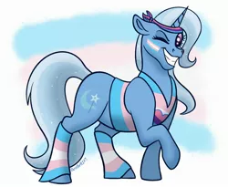 Size: 2682x2202 | Tagged: safe, artist:bellbell123, derpibooru import, trixie, pony, unicorn, bisexual, bisexual pride flag, bisexuality, clothes, face paint, female, grin, headband, headcanon, image, jpeg, lgbt headcanon, looking at you, mare, one eye closed, pride, pride flag, smiling, socks, solo, striped socks, tanktop, trans female, trans trixie, transgender, transgender pride flag, vest, wink