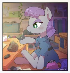 Size: 2113x2224 | Tagged: safe, artist:nendo, derpibooru import, maud pie, earth pony, pony, blushing, coffee mug, cute, female, high res, image, mare, maudabetes, mug, png, pouch, profile, rock, sitting, smiling, solo, table
