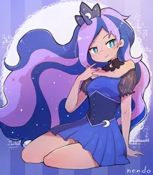 Size: 2252x2570 | Tagged: safe, artist:nendo, derpibooru import, kotobukiya, princess luna, human, clothes, commission, crown, cute, dark skin, dress, female, hair, high res, horn, horned humanization, humanized, image, jewelry, kotobukiya princess luna, legs, looking at you, lunabetes, png, regalia, shoulderless, smiling, smiling at you, solo