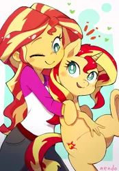 Size: 2254x3242 | Tagged: safe, artist:nendo, derpibooru import, sunset shimmer, pony, unicorn, equestria girls, blushing, camp everfree outfits, carrying, clothes, cute, female, happy, heart, high res, hugging a pony, human ponidox, image, looking at each other, mare, one eye closed, open mouth, open smile, png, self ponidox, shimmerbetes, smiling, smiling at each other, wink