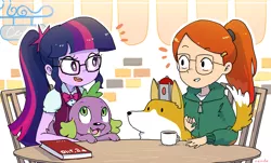Size: 2475x1495 | Tagged: safe, artist:nendo, derpibooru import, sci-twi, spike, spike the regular dog, twilight sparkle, dog, shiba inu, equestria girls, atticus (infinity train), book, clothes, commission, crossover, crystal prep academy uniform, cup, cute, glasses, hoodie, image, infinity train, png, remote, school uniform, shibe, spikabetes, teacup, tulip olsen, twiabetes