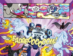 Size: 1988x1540 | Tagged: safe, artist:tonyfleecs, derpibooru import, idw, octavia melody, vinyl scratch, earth pony, pony, unicorn, spoiler:comic, spoiler:the magic of cybertron03, bass cannon, cello, crossover, decepticon, female, headphones, image, jpeg, laserbeak, lightning, missile, musical instrument, ravage, soundwave, the magic of cybertron, transformers