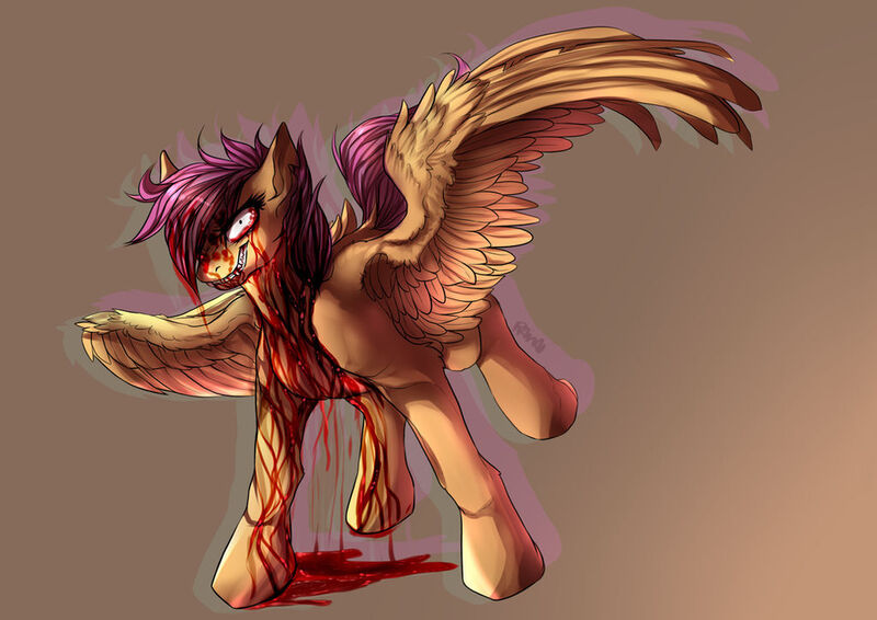 Size: 1024x725 | Tagged: grimdark, artist:shimruno, derpibooru import, scootaloo, pegasus, pony, bleeding, blood, dilated pupils, image, insanity, jpeg, simple background, slasher smile, solo