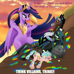 Size: 2000x2000 | Tagged: semi-grimdark, derpibooru import, cozy glow, lord tirek, princess twilight 2.0, queen chrysalis, twilight sparkle, twilight sparkle (alicorn), alicorn, changeling, changeling queen, pony, the last problem, angry, atg 2021, blood, clothes, crown, female, hoof shoes, image, invincible, jewelry, jpeg, meme, newbie artist training grounds, older, older twilight, open clothes, rainbow blood, regalia