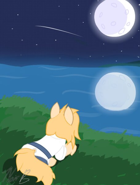 Size: 692x913 | Tagged: safe, artist:noir-b, derpibooru import, oc, oc:jackie spectre, unofficial characters only, pony, clothes, female, image, jpeg, lying down, mare, moon, night, ocean, prone, solo, solo female, water