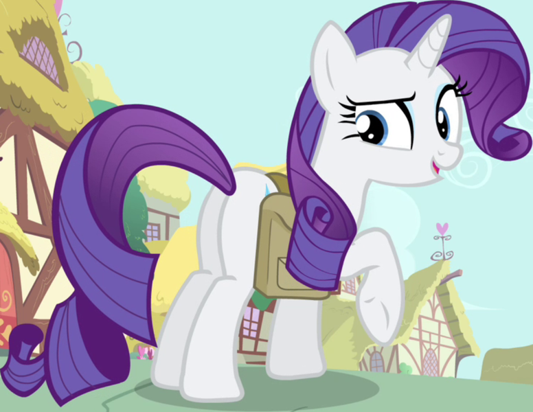 Size: 1104x854 | Tagged: safe, derpibooru import, rarity, pony, unicorn, inspiration manifestation, season 4, bag, butt, cropped, female, image, mare, plot, png, raised hoof, rearity, saddle bag, solo