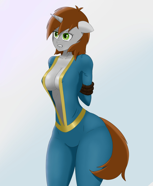 Size: 2300x2800 | Tagged: suggestive, artist:junglemango, derpibooru import, oc, oc:littlepip, anthro, fallout equestria, angry, arm behind back, bondage, breasts, clothes, fallout, helpless, image, jpeg, suit