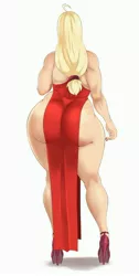 Size: 2063x4096 | Tagged: suggestive, artist:sundown, derpibooru import, applejack, human, applebucking thighs, applebutt, applejacked, ass, butt, butt freckles, clothes, dress, female, freckles, high heels, hug, huge butt, humanized, image, jpeg, large butt, muscles, muscular female, rear view, red dress, shoes, shoulder freckles, simple background, solo, solo female, thighs, thunder thighs, white background, wide hips