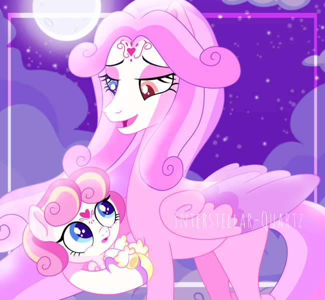 Size: 3496x3232 | Tagged: safe, artist:interstellar-quartz, derpibooru import, princess cadance, princess flurry heart, pegasus, pony, alternate design, alternate universe, baby, baby pony, base used, female, full moon, heterochromia, holding a pony, image, moon, mother and child, mother and daughter, pegasus cadance, pegasus flurry heart, png, race swap