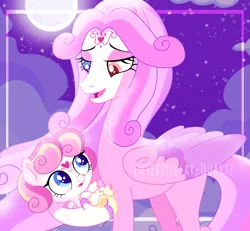 Size: 3496x3232 | Tagged: safe, artist:interstellar-quartz, derpibooru import, princess cadance, princess flurry heart, pegasus, pony, alternate design, alternate universe, baby, baby pony, base used, female, full moon, heterochromia, holding a pony, image, moon, mother and child, mother and daughter, pegasus cadance, pegasus flurry heart, png, race swap