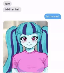 Size: 828x943 | Tagged: safe, artist:nairdags, derpibooru import, sonata dusk, equestria girls, alternate hairstyle, blushing, breasts, busty sonata dusk, cute, equestria girls-ified, facebook, female, image, jpeg, meme, messenger, pigtails, ponified animal photo, solo, sonatabetes, twintails