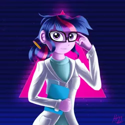 Size: 1500x1500 | Tagged: safe, artist:jphyperx, derpibooru import, sci-twi, twilight sparkle, equestria girls, clothes, dress, glasses, image, looking at you, pencil, png, retrowave, scientist, simple background, solo, synthwave, triangle