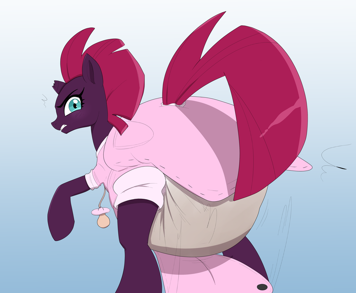 Size: 3799x3136 | Tagged: questionable, artist:rinonno, derpibooru import, tempest shadow, pony, unicorn, adult foal, angry, butt flap, button popping, diaper, diaper fetish, fetish, gritted teeth, image, looking at you, looking back, looking back at you, messy diaper, onesie, pacifier, png, poofy diaper, poop, urine, wet diaper