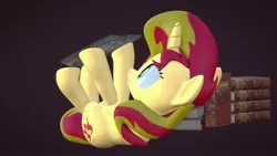 Size: 3820x2160 | Tagged: safe, artist:wissle, derpibooru import, sunset shimmer, pony, unicorn, 3d, atg 2021, blender, book, female, high res, image, jpeg, lying down, mare, newbie artist training grounds, on back, reading, silly, silly pony, simple background, solo