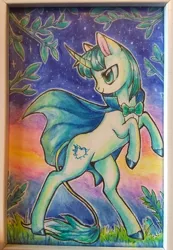 Size: 1493x2160 | Tagged: safe, artist:megabait, derpibooru import, oc, unofficial characters only, pony, unicorn, aquarelle, bipedal, bowtie, clothes, female, horn, image, jpeg, rearing, robe, smiling, solo, sunrise, traditional art, unicorn oc, watercolor painting