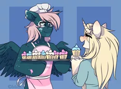 Size: 900x659 | Tagged: safe, artist:mediasmile666, derpibooru import, oc, unofficial characters only, pegasus, pony, unicorn, abstract background, apron, baking, bust, clothes, cupcake, curved horn, duo, female, food, hoof hold, horn, image, male, mare, png, smiling, spread wings, stallion, wings