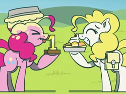 Size: 1800x1350 | Tagged: safe, artist:flutterluv, derpibooru import, pinkie pie, surprise, earth pony, pegasus, pony, atg 2021, bag, disgusted, food, ice cream, image, jpeg, newbie artist training grounds, pie, pied, saddle bag, trophy